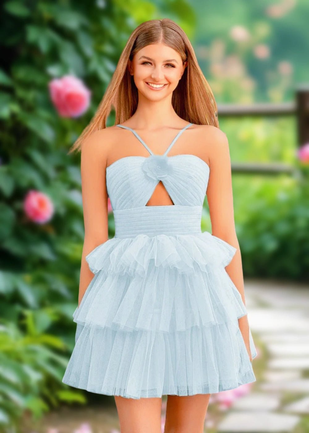 Alison | Chic A Line Orange Tulle Keyhole Short Homecoming Dress with Ruffles - Baby Blue - PromDressClub