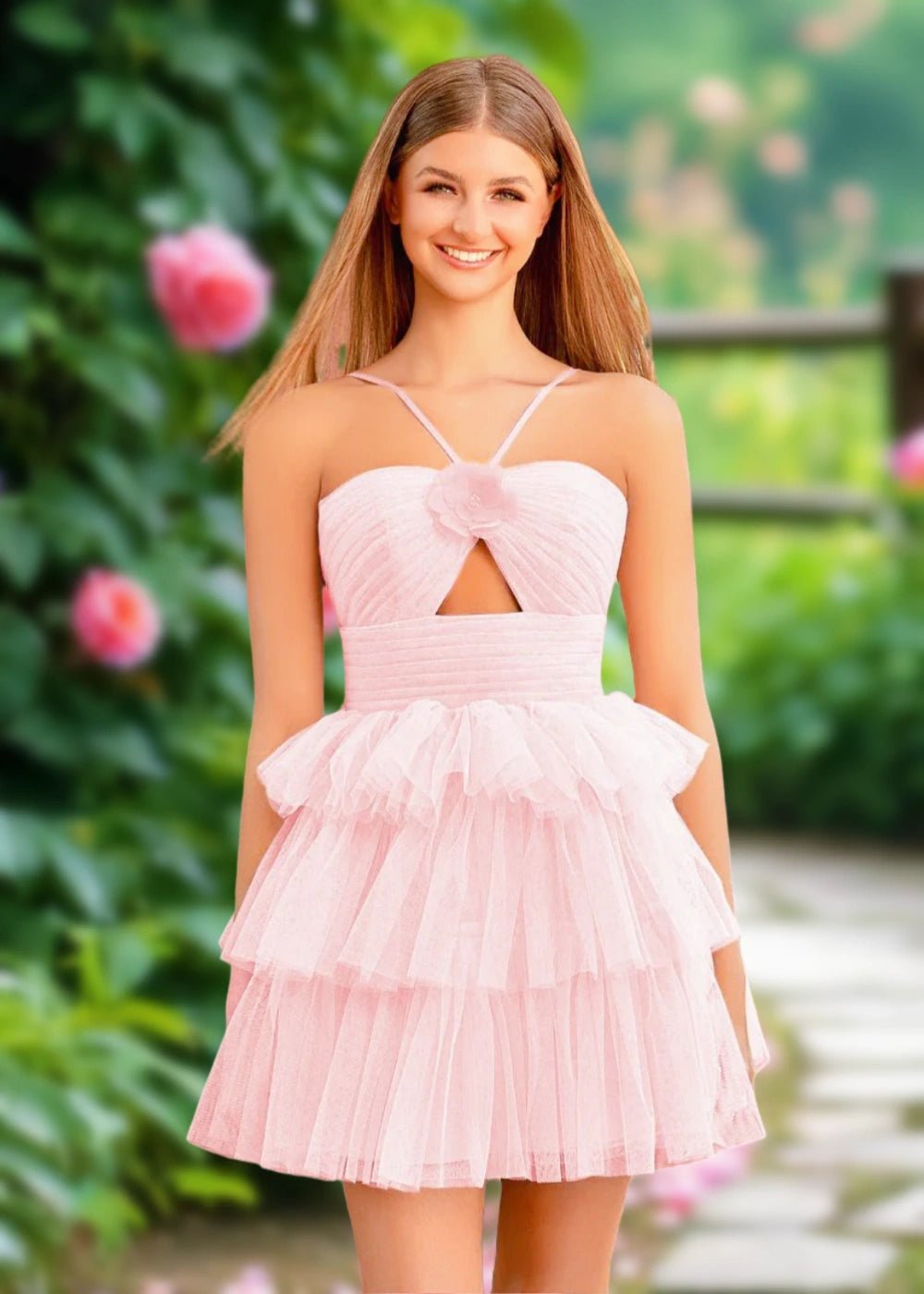 Alison | Chic A Line Orange Tulle Keyhole Short Homecoming Dress with Ruffles - Light Pink - PromDressClub