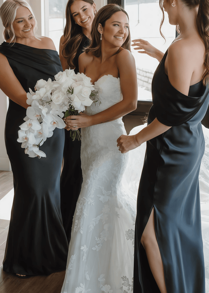 Alva | Sophisticated Sheath Dusty Blue Satin Maxi Bridesmaid Dress with Slit and One Shoulder - Price #price_variant_lowest# - Black - PromDressClub