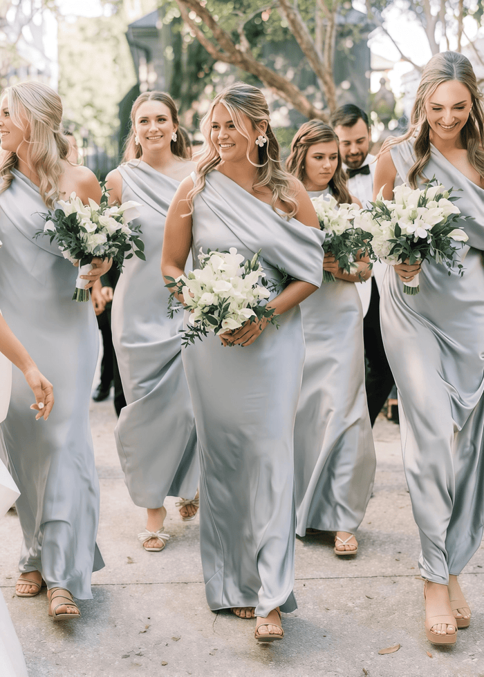 Alva | Sophisticated Sheath Dusty Blue Satin Maxi Bridesmaid Dress with Slit and One Shoulder - Price #price_variant_lowest# - Dusty Blue - PromDressClub