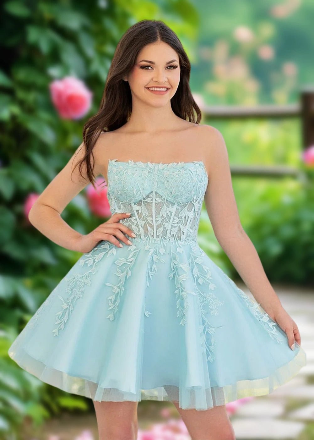 Amalia | Classy A Line Turquoise Lace Strapless Corset Short Homecoming Dress - Turquoise - PromDressClub
