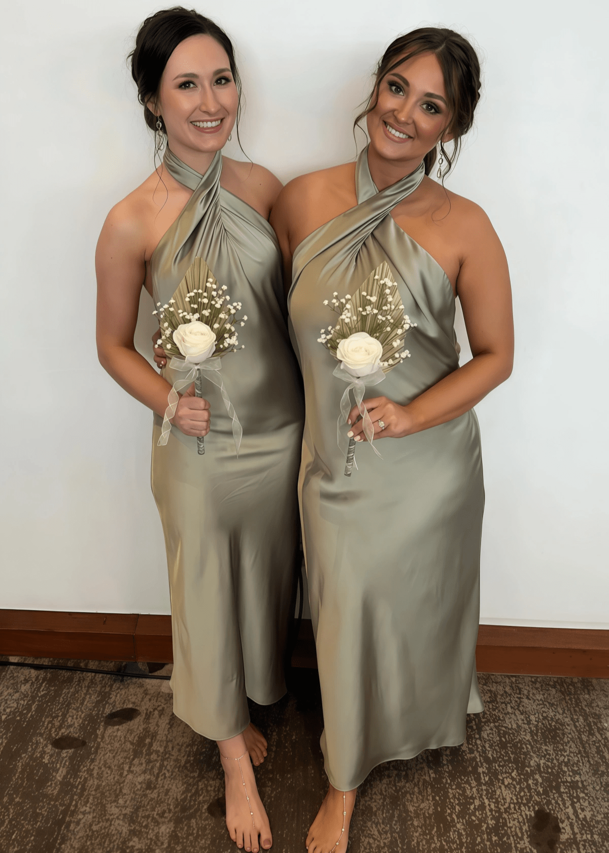 Amanda | Party Vibe Sheath Sage Green Satin Maxi Bridesmaid Dress with Halter and Backless - Price #price_variant_lowest# - Sage - PromDressClub