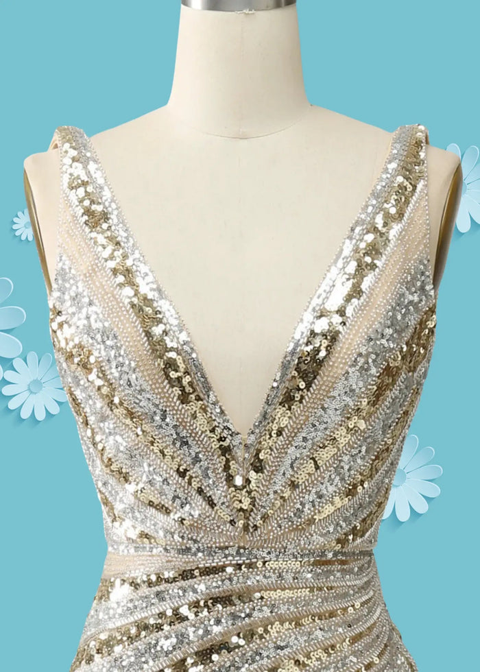 Amanda | Gold Mermaid V Neck Backless Sequin Prom Dress with Slit - Gold - PromDressClub