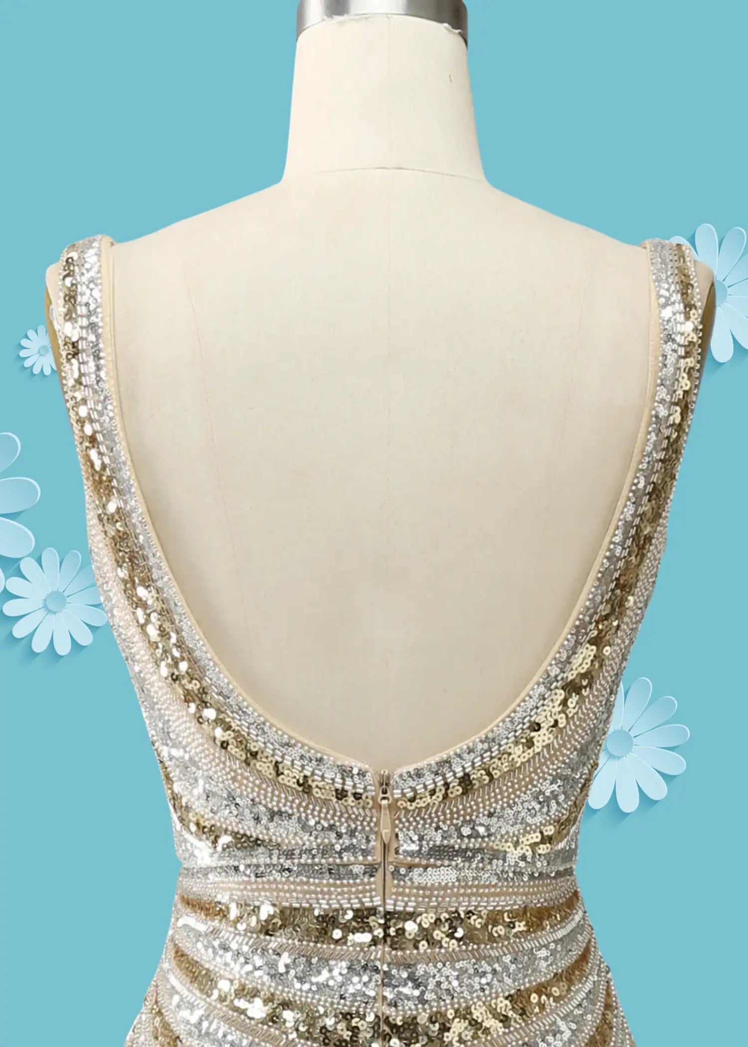 Amanda | Gold Mermaid V Neck Backless Sequin Prom Dress with Slit - Gold - PromDressClub