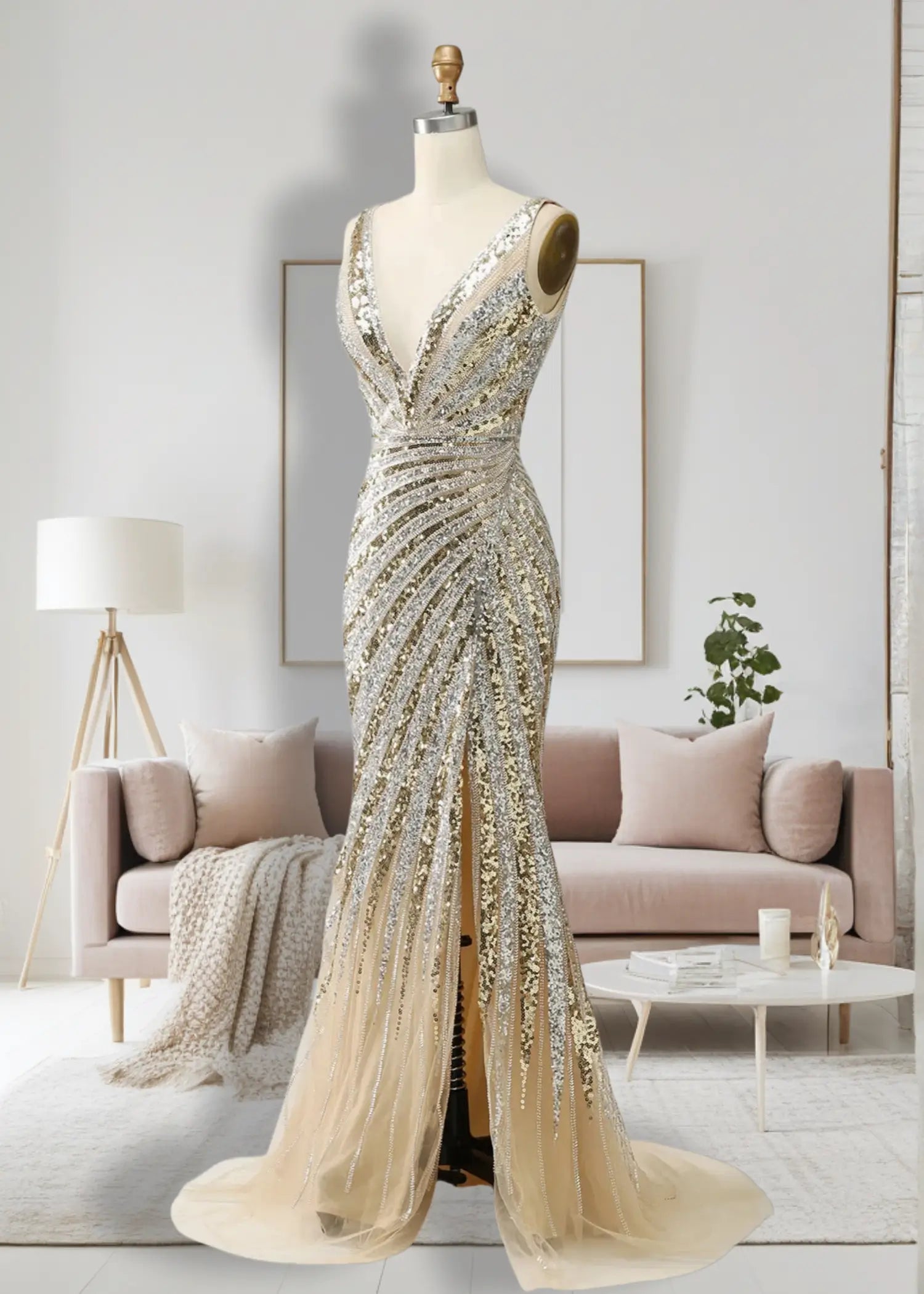 Amanda | Gold Mermaid V Neck Backless Sequin Prom Dress with Slit - Gold - PromDressClub