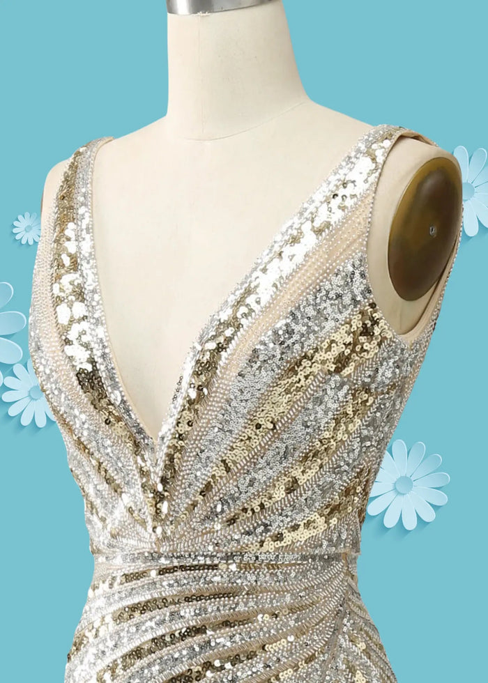 Amanda | Gold Mermaid V Neck Backless Sequin Prom Dress with Slit - Gold - PromDressClub