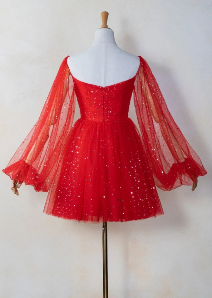 Amarynthe | Command Attention at Homecoming in a Glittering Red Tulle Dress - Red - PromDressClub