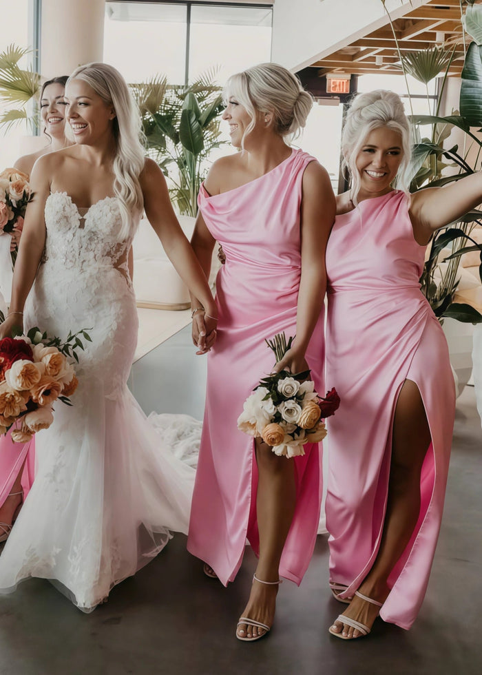 Amelia | Sheath Pleated Hot Pink Stretch Satin Maxi Bridesmaid Dress with Slit and One Shoulder - Price #price_variant_lowest# - Hot Pink - PromDressClub