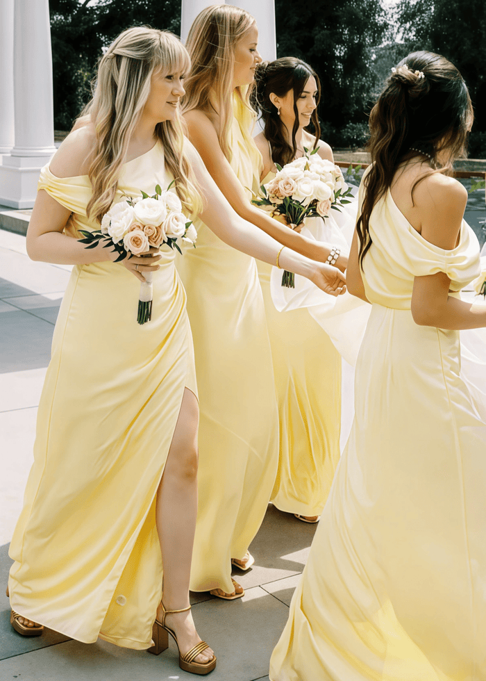 Amelia | Sheath Pleated Hot Pink Stretch Satin Maxi Bridesmaid Dress with Slit and One Shoulder - Price #price_variant_lowest# - Pale Yellow - PromDressClub