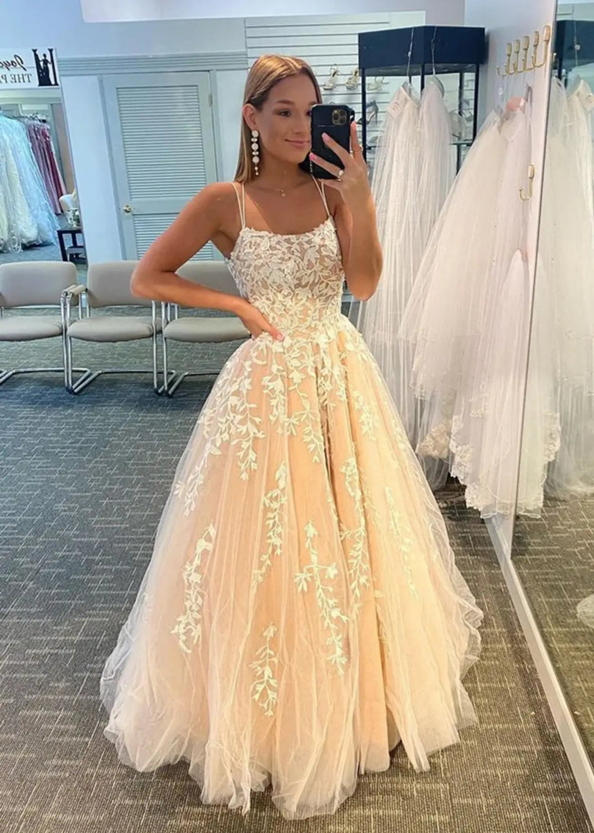 Amla | Plus Size Royal Blue and Light Pink Princess Lace Prom Dress - Champagne - PromDressClub