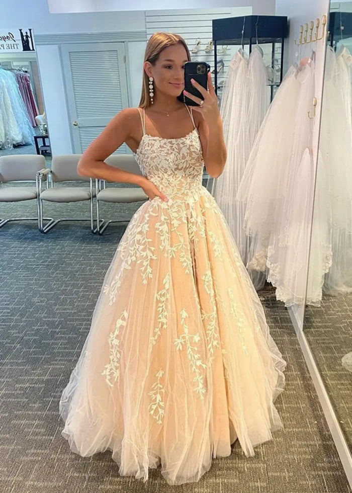 Amla | Plus Size Royal Blue and Light Pink Princess Lace Prom Dress - Champagne - PromDressClub