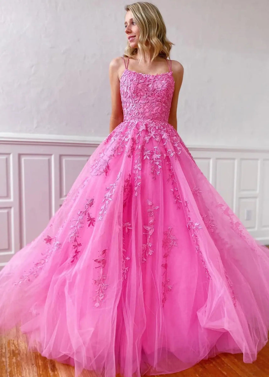 Amla | Plus Size Royal Blue and Light Pink Princess Lace Prom Dress - Hot Pink - PromDressClub