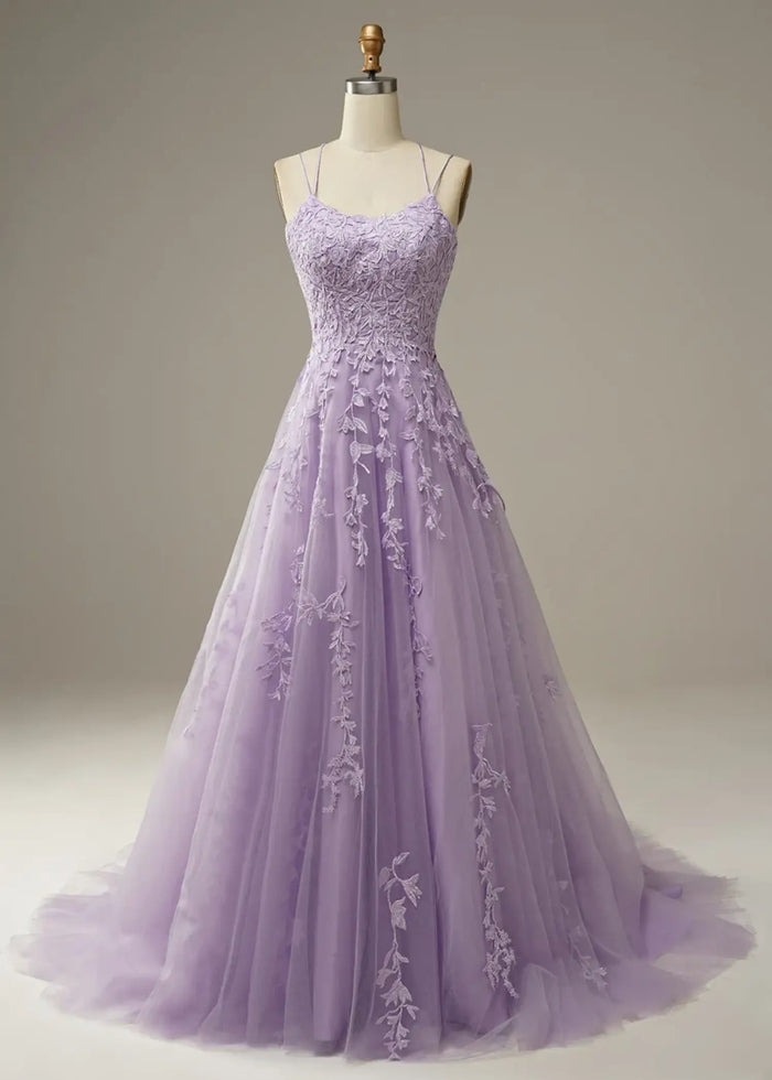 Amla | Plus Size Royal Blue and Light Pink Princess Lace Prom Dress - Lavender - PromDressClub