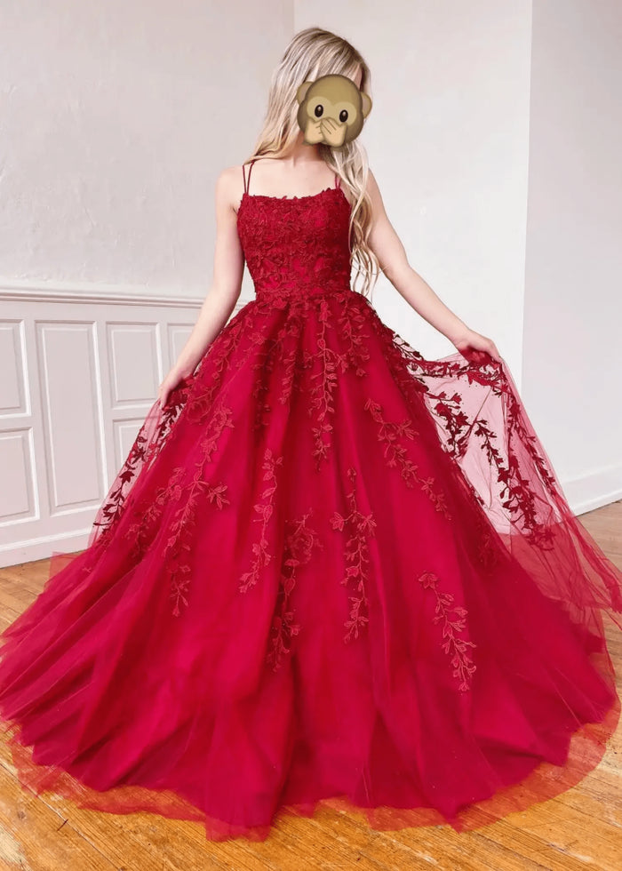 Amla | Plus Size Royal Blue and Light Pink Princess Lace Prom Dress - Red - PromDressClub