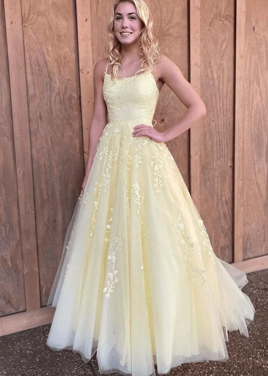 Amla | Plus Size Royal Blue and Light Pink Princess Lace Prom Dress - Yellow - PromDressClub