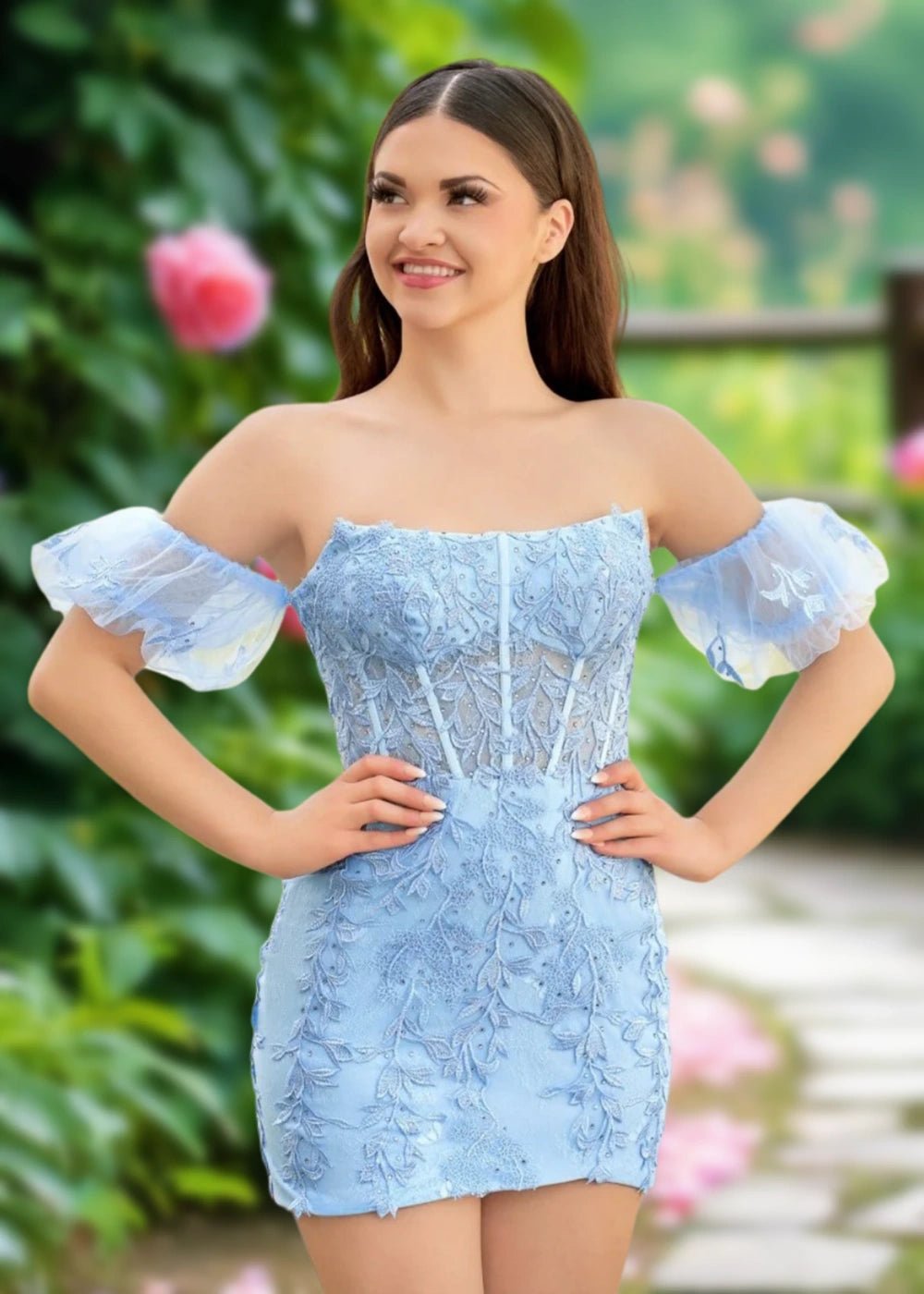 Amy | Bodycon Sage Green Lace Strapless Corset Homecoming Dress with Detachable Ballon Sleeves - Baby Blue - PromDressClub