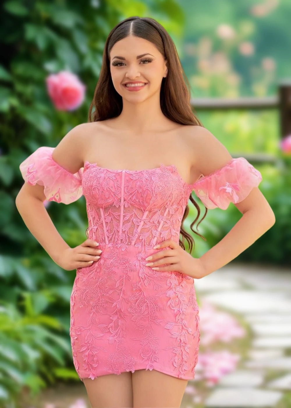 Amy | Bodycon Sage Green Lace Strapless Corset Homecoming Dress with Detachable Ballon Sleeves - Hot Pink - PromDressClub