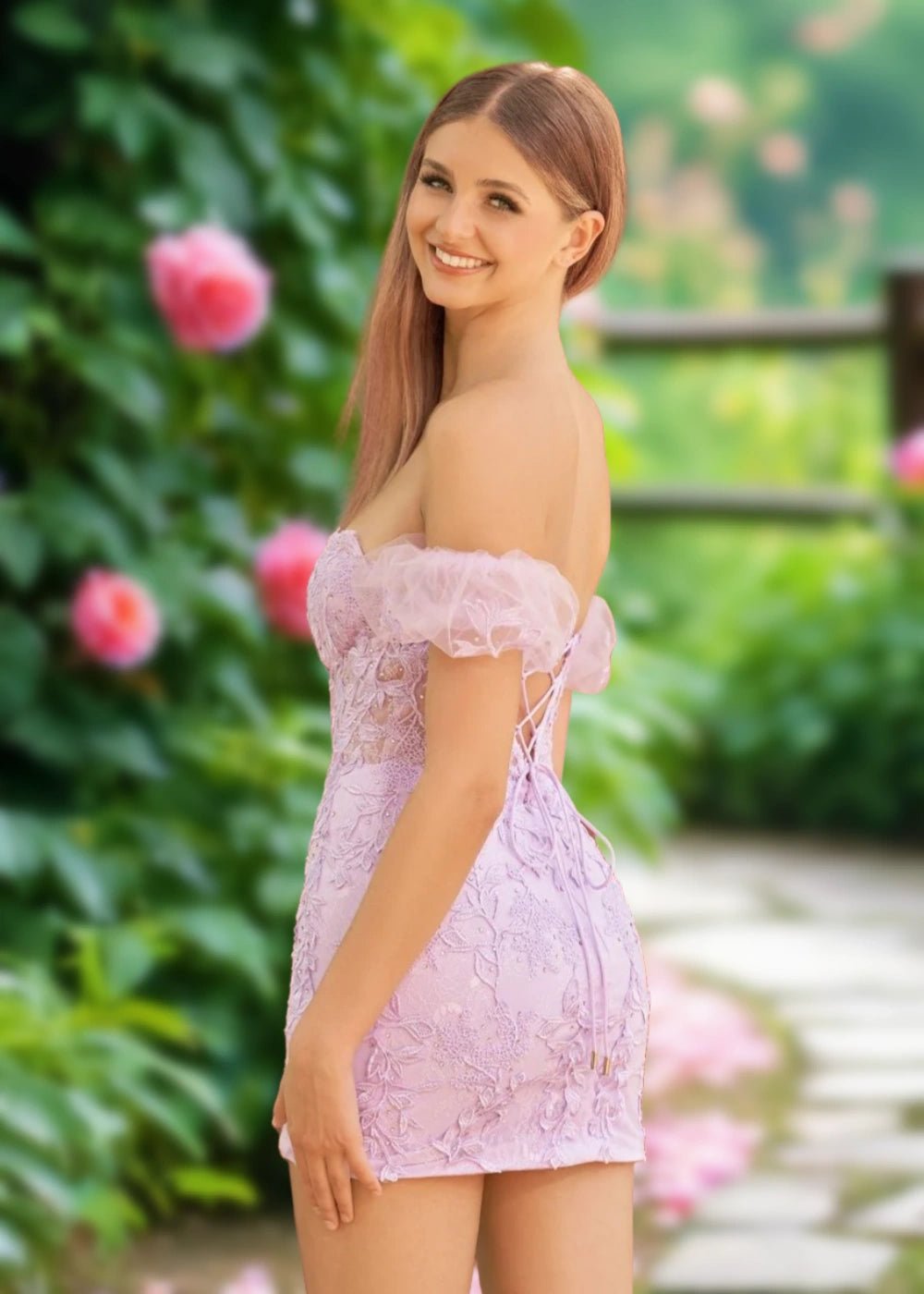 Amy | Bodycon Sage Green Lace Strapless Corset Homecoming Dress with Detachable Ballon Sleeves - Lavender - PromDressClub