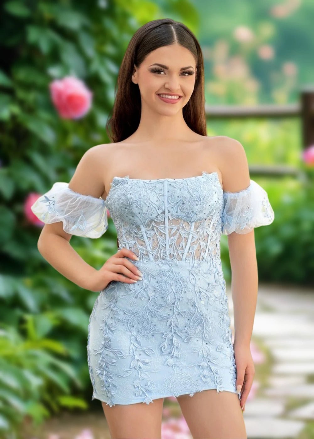 Amy | Bodycon Sage Green Lace Strapless Corset Homecoming Dress with Detachable Ballon Sleeves - Light Blue - PromDressClub