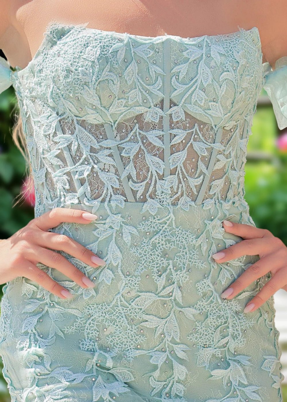 Amy | Bodycon Sage Green Lace Strapless Corset Homecoming Dress with Detachable Ballon Sleeves - Sage - PromDressClub