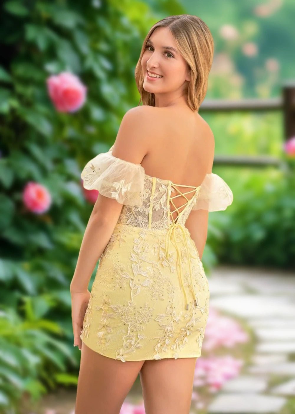 Amy | Bodycon Sage Green Lace Strapless Corset Homecoming Dress with Detachable Ballon Sleeves - Yellow - PromDressClub