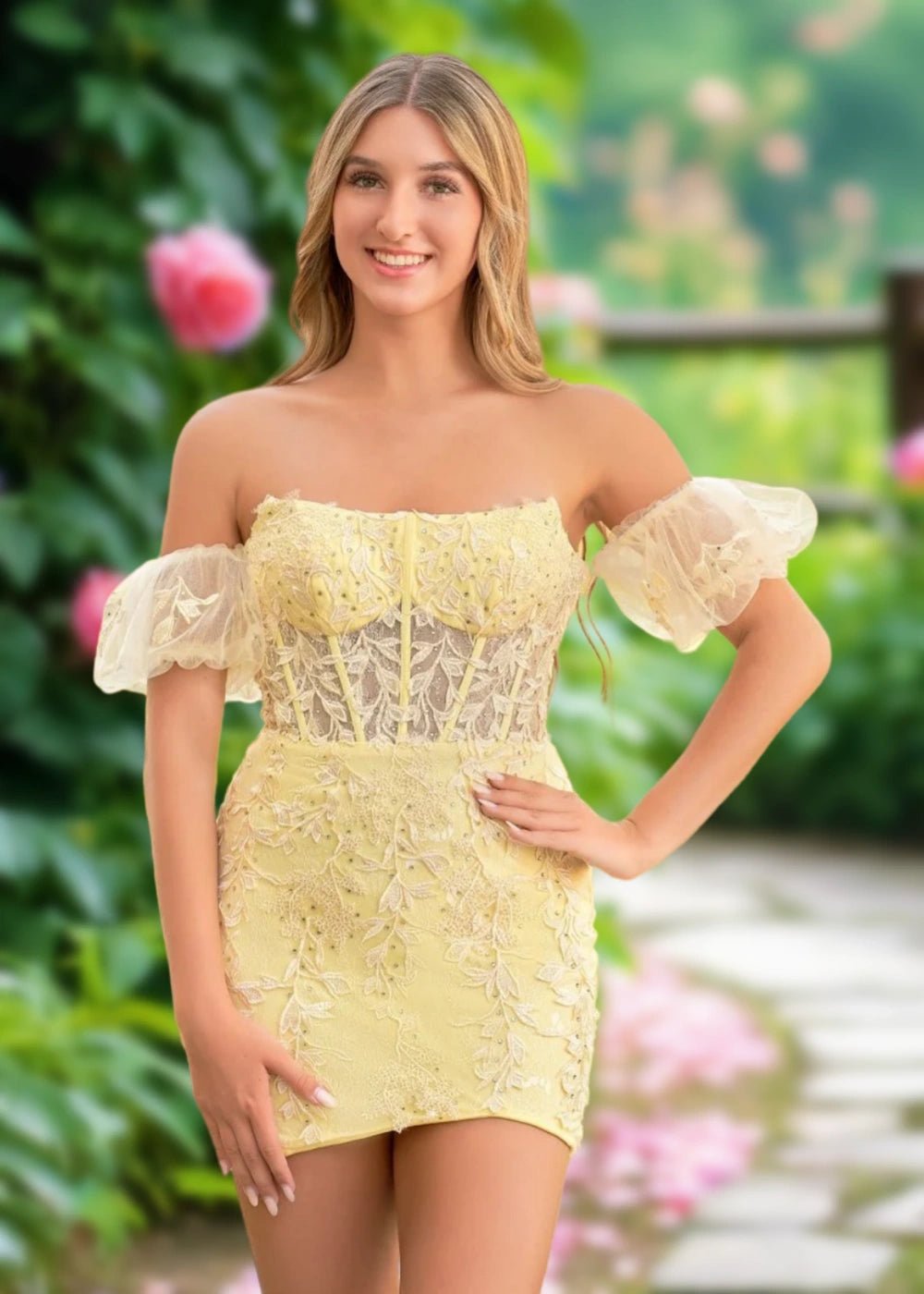 Amy | Bodycon Sage Green Lace Strapless Corset Homecoming Dress with Detachable Ballon Sleeves - Yellow - PromDressClub