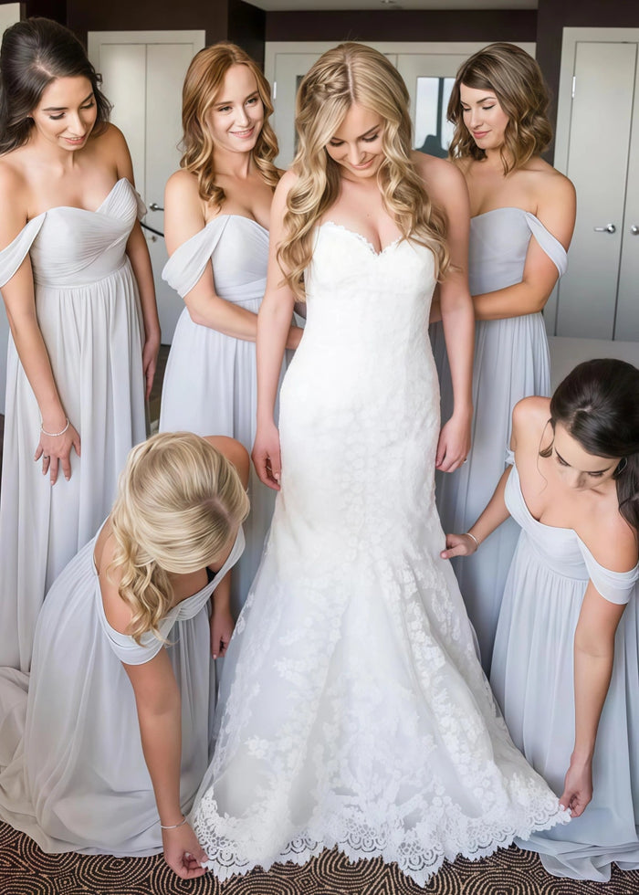 Anastasia | Boho A - Line Corset Backless Light Grey Chiffon Maxi Bridesmaid Dress with Off the Shoulder and Sweetheart Neck - Price #price_variant_lowest# - Grey - PromDressClub