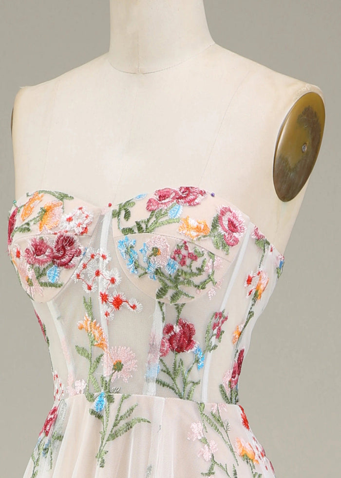 Andrea | A - Line Long Ivory Prom Dress With Sweetheart Tulle Embroidery Sweep Train - White Floral - PromDressClub