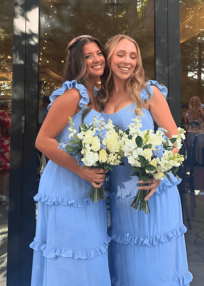 Andrea | Sheath Ruffles Blue Chiffon Maxi Bridesmaid Dress with Scoop and Lace - up Back - Price #price_variant_lowest# - Blue - PromDressClub