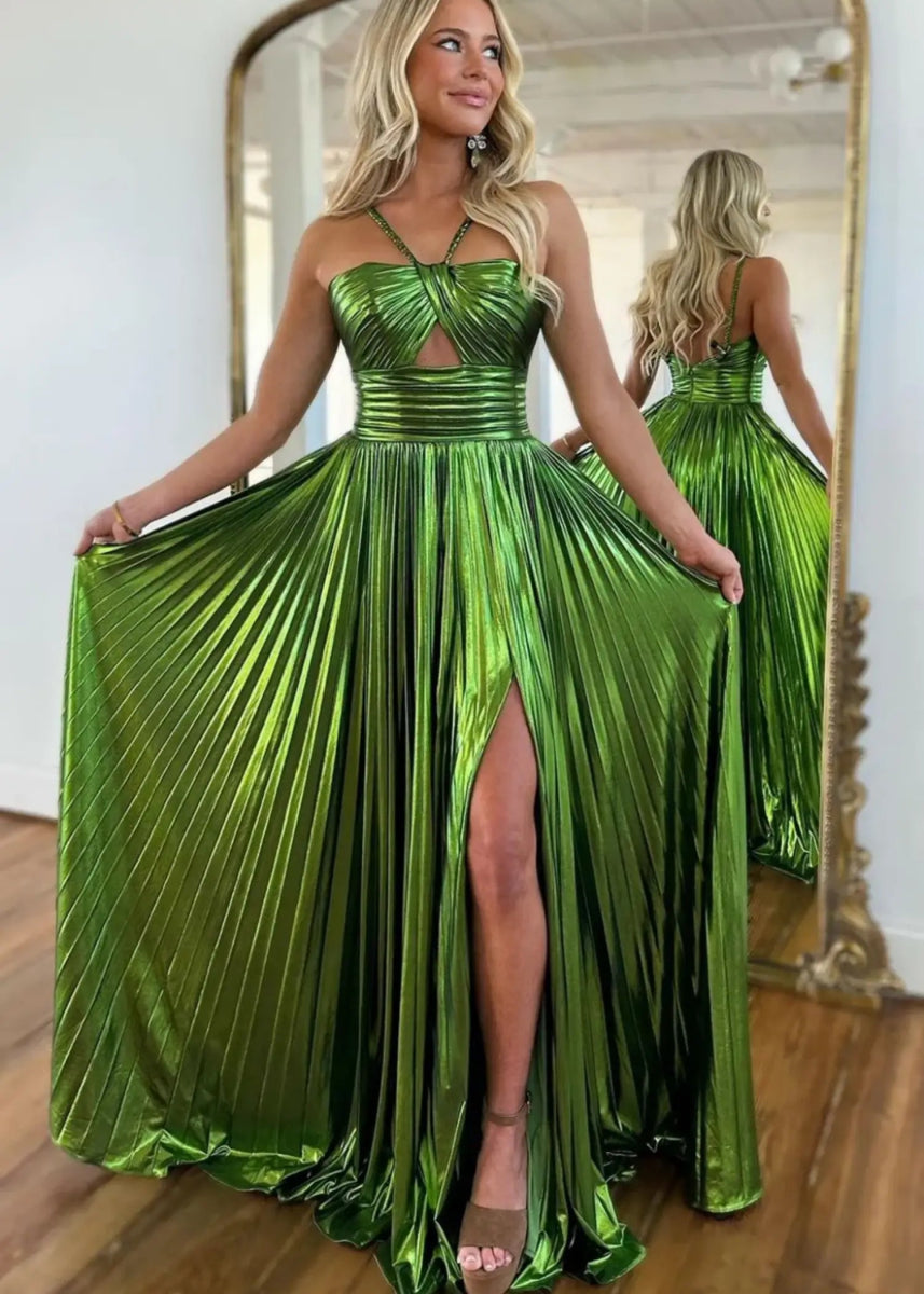 Angela | Fuchsia A Line Slit in Metallic Prom Dress with Halter Top - Emerald Green - PromDressClub