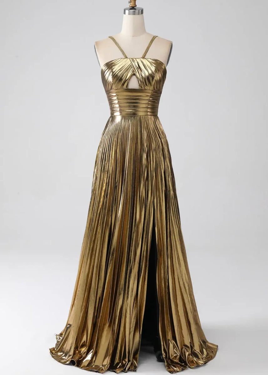 Angela | Fuchsia A Line Slit in Metallic Prom Dress with Halter Top - Gold - PromDressClub