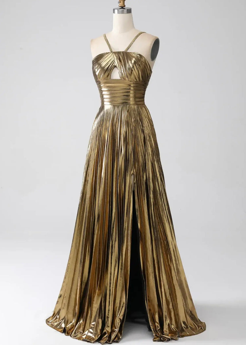 Angela | Fuchsia A Line Slit in Metallic Prom Dress with Halter Top - Gold - PromDressClub