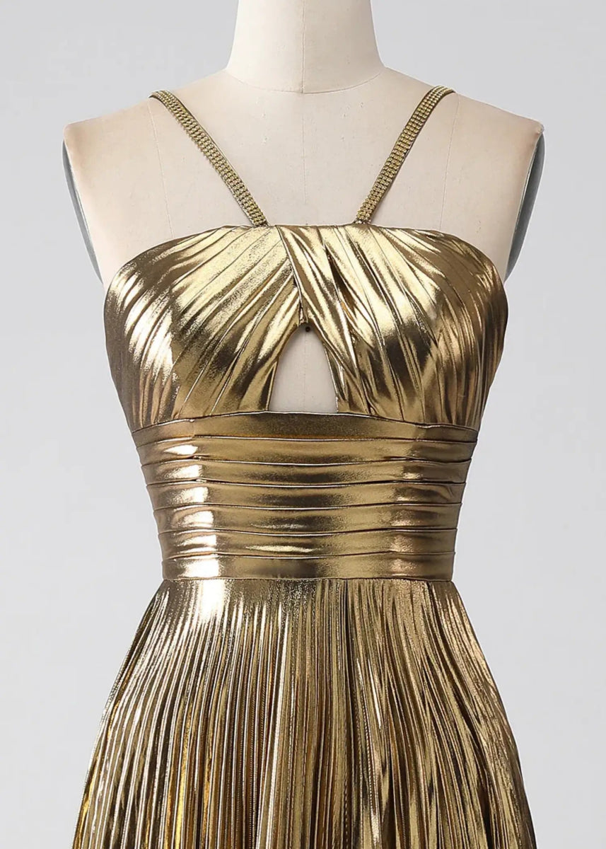 Angela | Fuchsia A Line Slit in Metallic Prom Dress with Halter Top - Gold - PromDressClub