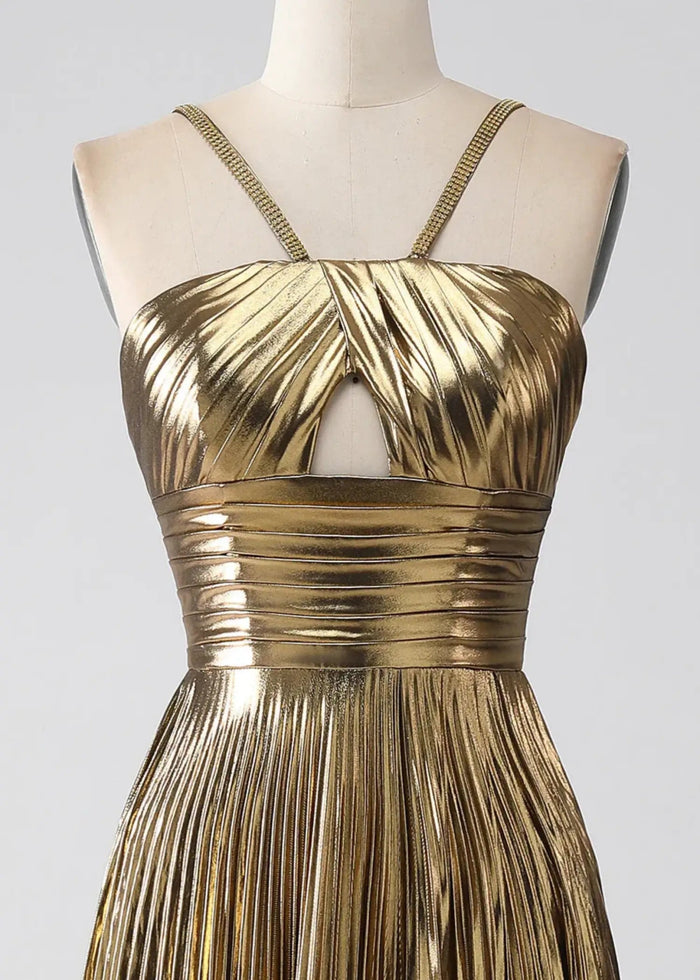 Angela | Fuchsia A Line Slit in Metallic Prom Dress with Halter Top - Gold - PromDressClub