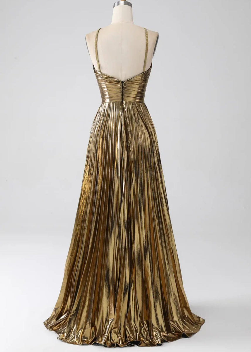 Angela | Fuchsia A Line Slit in Metallic Prom Dress with Halter Top - Gold - PromDressClub