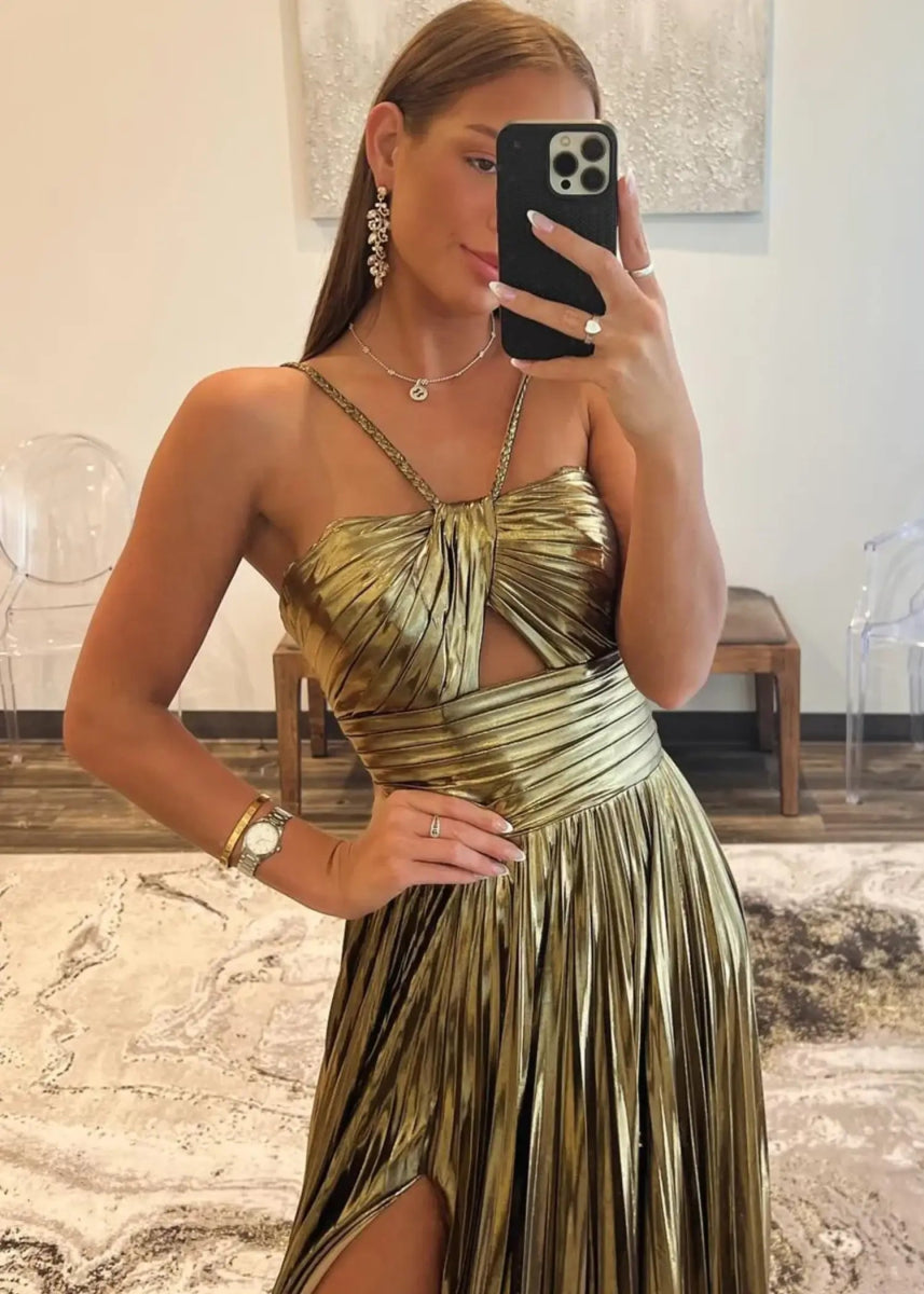 Angela | Fuchsia A Line Slit in Metallic Prom Dress with Halter Top - Gold - PromDressClub