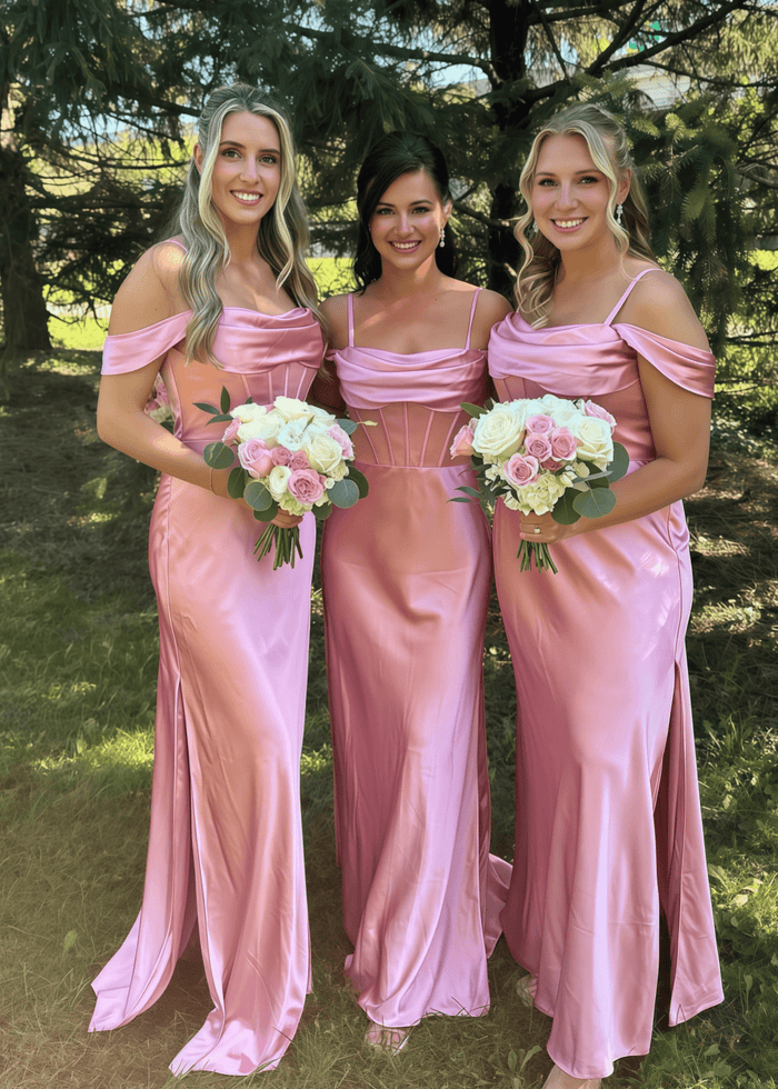 Angela | Sheath Corset Peach Satin Maxi Bridesmaid Dress with Slit and Off the Shoulder - Price #price_variant_lowest# - Peach - PromDressClub