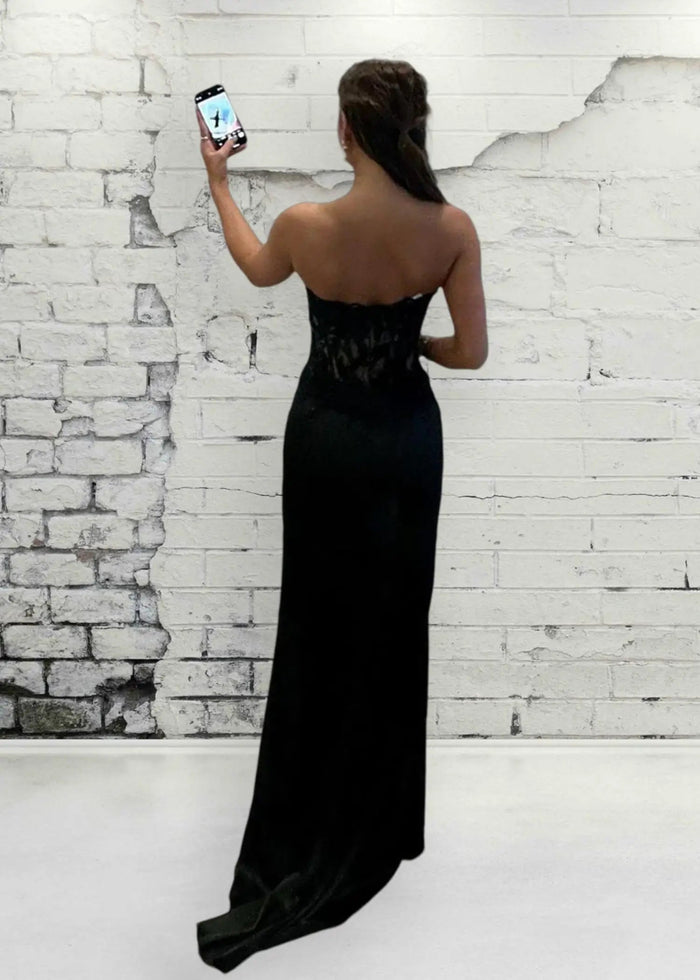 Angela | Mermaid Black Lace Strapless Corset Prom Dress with Slit - Black - PromDressClub