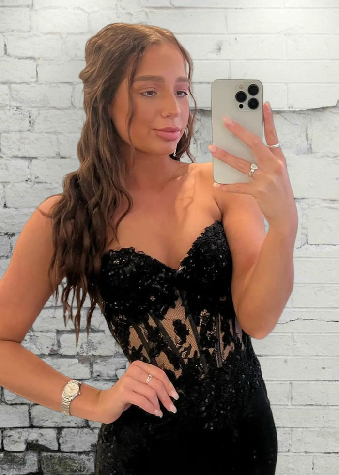 Angela | Mermaid Black Lace Strapless Corset Prom Dress with Slit - Black - PromDressClub