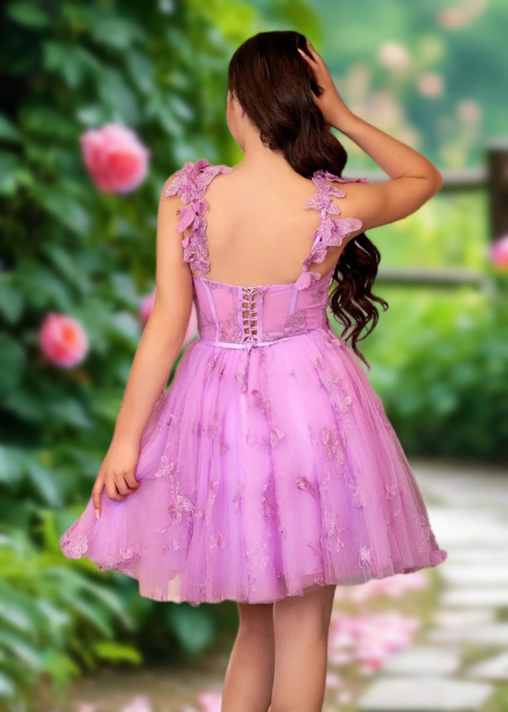 Annabelle | A Line Lilac Tulle Corset 3D Butterfly Homecoming Dress with Flower Decor - Lilac - PromDressClub
