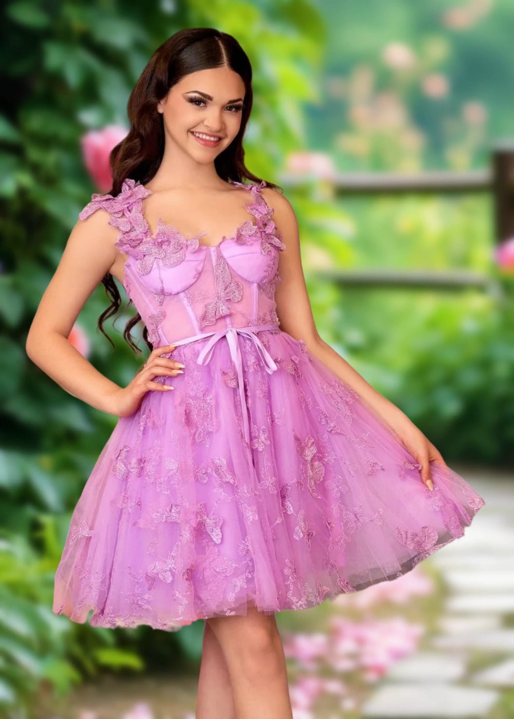 Annabelle | A Line Lilac Tulle Corset 3D Butterfly Homecoming Dress with Flower Decor - Lilac - PromDressClub