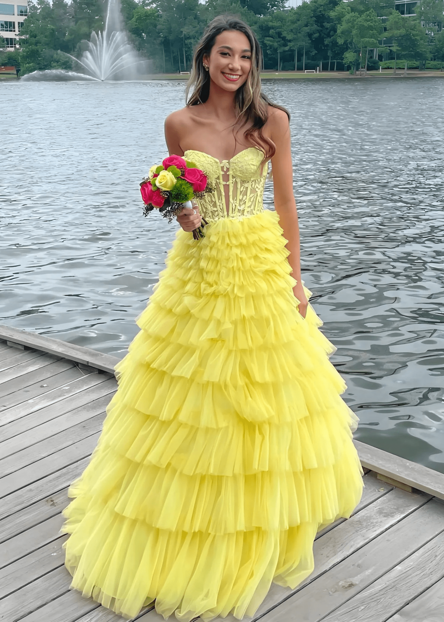 Annabelle | Yellow A Line Strapless Corset Tulle Prom Dress with Ruffles - Yellow - PromDressClub