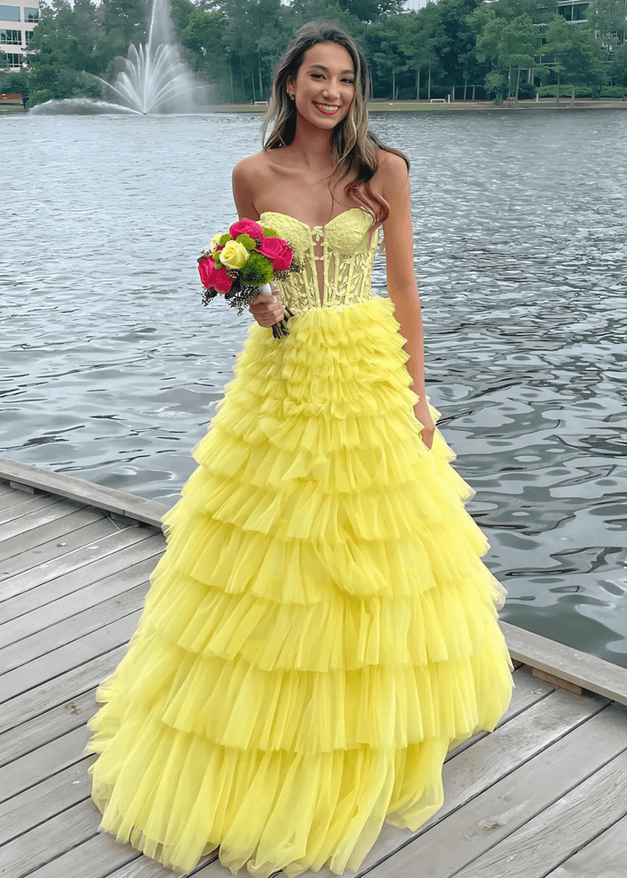 Annabelle | Yellow A Line Strapless Corset Tulle Prom Dress with Ruffles - Yellow - PromDressClub