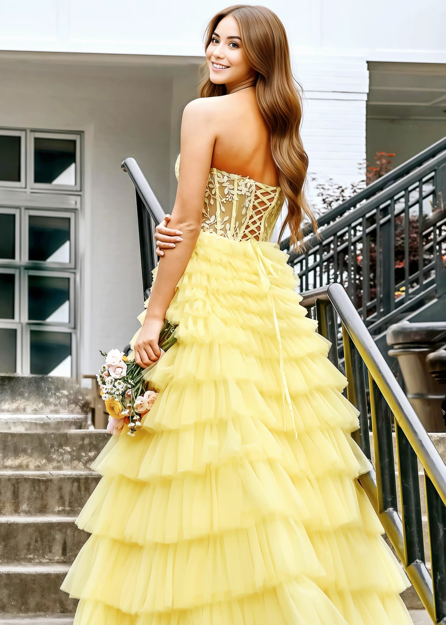 Annabelle | Yellow A Line Strapless Corset Tulle Prom Dress with Ruffles - Yellow - PromDressClub