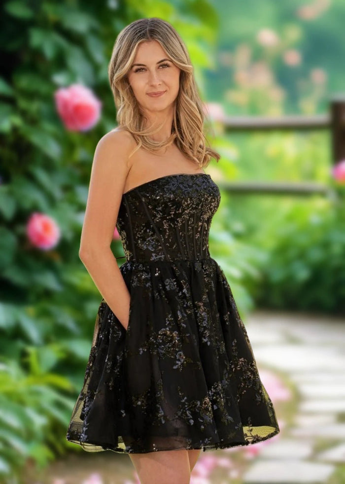 Annette | A Line Red Sequin Corset Strapless Short Homecoming Dress - Black - PromDressClub
