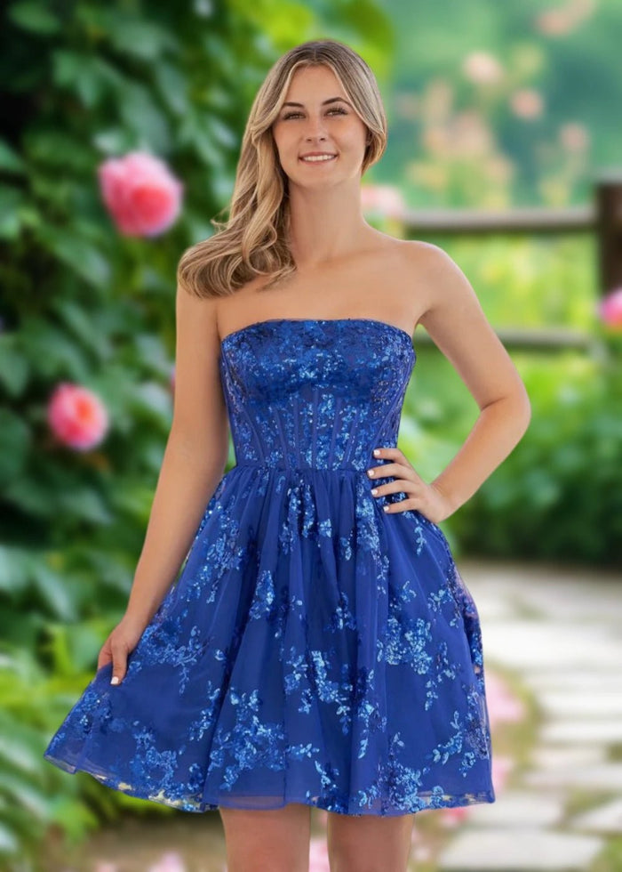 Annette | A Line Red Sequin Corset Strapless Short Homecoming Dress - Royal Blue - PromDressClub