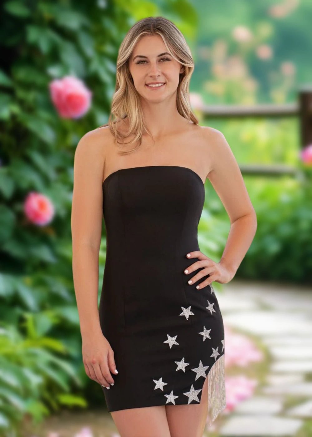 Antonia | Stylish Black Satin Strapless Fringe Cocktail Dress – Beaded Stars Design - Black - PromDressClub