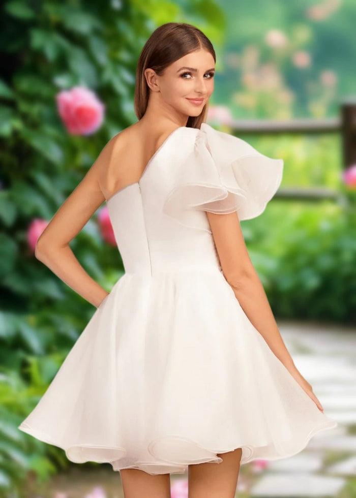 April | Mint Green Organza One Shoulder Ruffle A Line Homecoming Dress - Ivory - PromDressClub