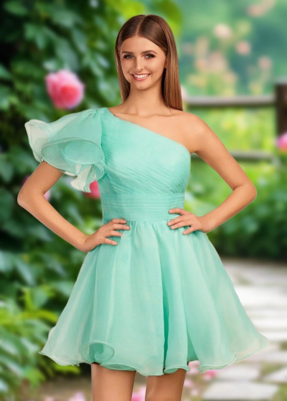 April | Mint Green Organza One Shoulder Ruffle A Line Homecoming Dress - Mint Green - PromDressClub