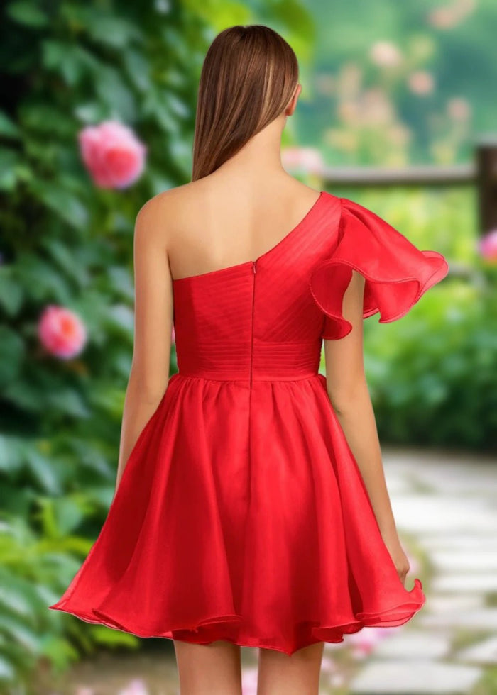 April | Mint Green Organza One Shoulder Ruffle A Line Homecoming Dress - Red - PromDressClub